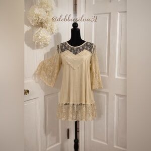 NWOT POL Beige Lace Blouse with Sheer Details